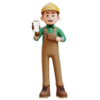 3D Construction Worker Character Pointing to Empty Phone Screen png
