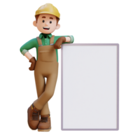 3D Construction Worker Character Lying on Blank Placard png