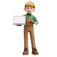 3D Construction Worker Character Presenting on Empty Computer Screen png