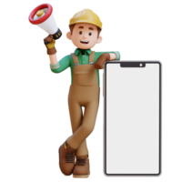 3D Construction Worker Character Holding Megaphone and Lying on Big Empty Phone Screen png