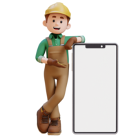 3D Construction Worker Character Presenting and Lying on Big Empty Phone Screen png