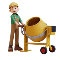 3D Construction Worker Character Working on Concrete Mixer png