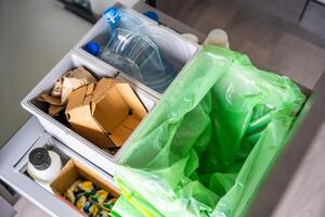 Household bins for waste sorting in the kitchen for recycle. Plastic, paper, bio and mixed waste. Sorting waste at home concept. High quality photo