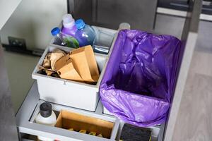 Household bins for waste sorting in the kitchen for recycle. Plastic, paper, bio and mixed waste. Sorting waste at home concept. High quality photo