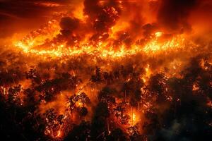 Raging wildfire consuming the dense tropical of a forest, with towering flames illuminating the night sky and billowing smoke darkening the horizon. photo