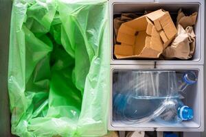 Household bins for waste sorting in the kitchen for recycle. Plastic, paper, bio and mixed waste. Sorting waste at home concept. High quality photo