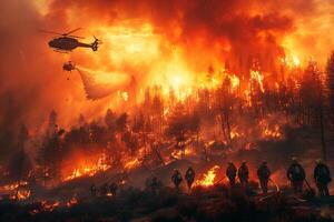 Firefighters battling a forest fire, with helicopters dropping water and firefighters using hoses to contain the blaze amidst the charred landscape. photo