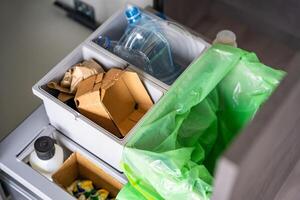 Household bins for waste sorting in the kitchen for recycle. Plastic, paper, bio and mixed waste. Sorting waste at home concept. High quality photo