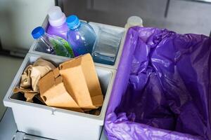 Household bins for waste sorting in the kitchen for recycle. Plastic, paper, bio and mixed waste. Sorting waste at home concept. High quality photo