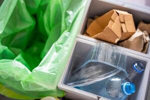 Household bins for waste sorting in the kitchen for recycle. Plastic, paper, bio and mixed waste. Sorting waste at home concept. High quality photo