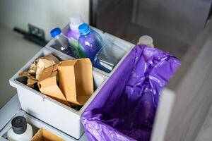 Household bins for waste sorting in the kitchen for recycle. Plastic, paper, bio and mixed waste. Sorting waste at home concept. High quality photo