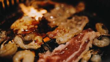 set of various raw meat grill on stove in korean barbecue style video