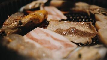 set of various raw meat grill on stove in korean barbecue style video