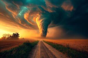 Mysterious and dark ominous clouds in sunset light during a hurricane over a fields. photo