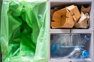 Household bins for waste sorting in the kitchen for recycle. Plastic, paper, bio and mixed waste. Sorting waste at home concept. High quality photo