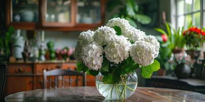 lush white hydrangea with vase at home, ai photo