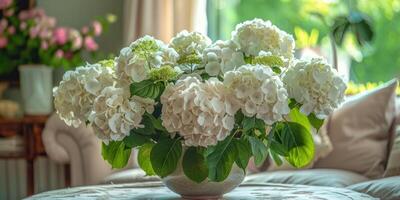 lush white hydrangea with vase at home, ai photo
