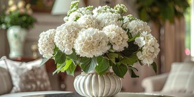 lush white hydrangea with vase at home, ai photo