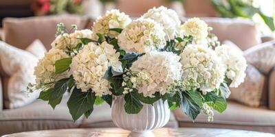 lush white hydrangea with vase at home, ai photo