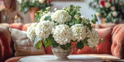 lush white hydrangea with vase at home, ai photo