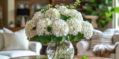 lush white hydrangea with vase at home, ai photo