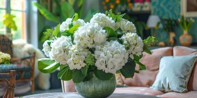 lush white hydrangea with vase at home, ai photo