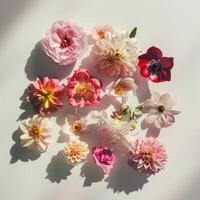 top shot flatlay flowers on white background with shadows, ai photo