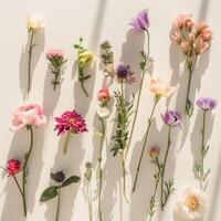 top shot flatlay flowers on white background with shadows, ai photo