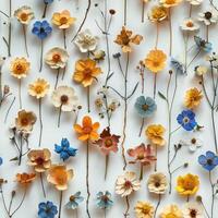 pressed flower colorful pattern texture wallpaper on white background, ai photo