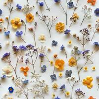 pressed flower colorful pattern texture wallpaper on white background, ai photo