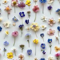 pressed flower colorful pattern texture wallpaper on white background, ai photo