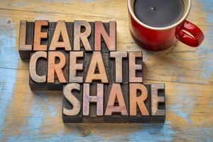 learn, create, share in wood type photo
