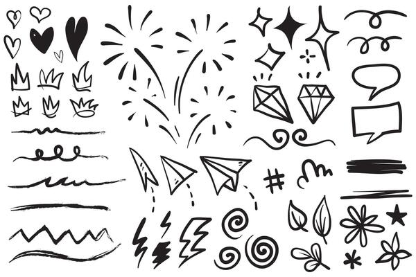 Hand drawn set elements, Abstract arrows, ribbons, hearts, stars, crowns and other elements in a hand drawn style for concept designs. Scribble illustration.