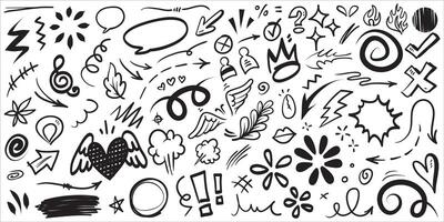 Hand drawn set elements, Abstract arrows, ribbons, hearts, stars, crowns and other elements in a hand drawn style for concept designs. Scribble illustration. vector
