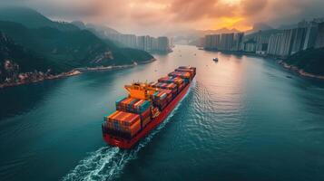 A large container ship is floating on the surface of a vast body of water under the open sky photo