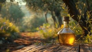 olive oil bottle on wooden table placed in the olive forest, copy space photo