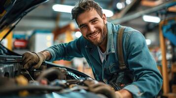 Male mechanic repairing car engine in a car service photo