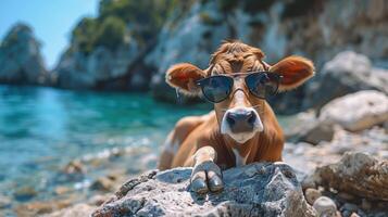 banner with copy space. cow in sunglasses chilling on sea, summer concept photo