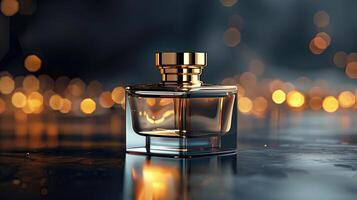 Perfume bottle on black background with bokeh effect. 3d illustration, mock up photo