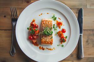 A single white plate with a portion of a piece of seared fish with a garnish of microgreens. photo
