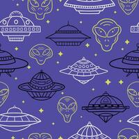 Doodle seamless texture with UFO and aliens. vector