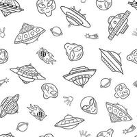 Seamless texture with flying saucers, aliens, stars, comets and planets. vector