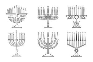 Set of six beautifully candlesticks, each holding nine candles, symbolizing the Israeli festival of Hanukkah. vector
