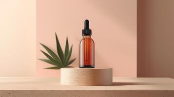 Serum dropper bottle mockup on abstract color background with light, shadows, studio product photo