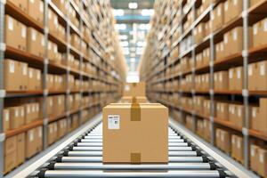 3d rendering of cardboard box on conveyor belt in warehouse background photo
