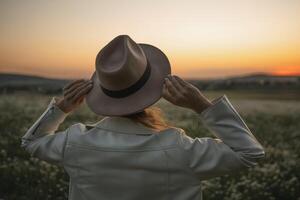 A woman wearing a hat and a white jacket stands in a field. The woman is looking at the camera. photo
