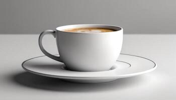 A hot cup of coffee on a saucer, set against a white background, casting a subtle shadow. photo