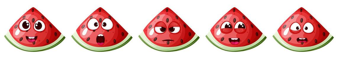 Cartoon watermelon funny character with different face emotions vector