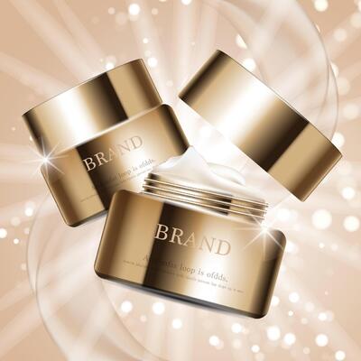 Hydrating facial cream for annual sale or festival sale. gold cream mask bottle isolated on glitter particles background. Graceful cosmetic ads, illustration.
