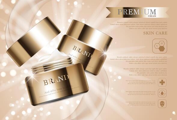 Hydrating facial cream for annual sale or festival sale. gold cream mask bottle isolated on glitter particles background. Graceful cosmetic ads, illustration.